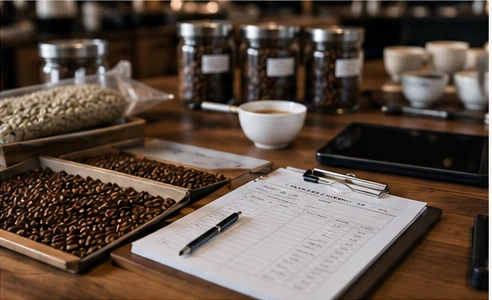 Coffee quality workflow with roasted samples, cupping equipment and written evaluation records.