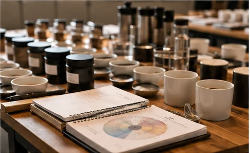 Coffee education table prepared with tasting cups, sensory materials and practical learning tools.