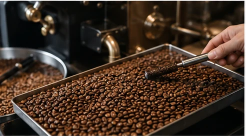 Freshly roasted coffee beans being examined at a coffee roaster sample tray.