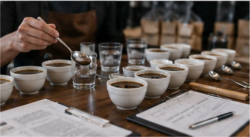 Structured professional coffee cupping session with multiple samples, spoons and evaluation records.